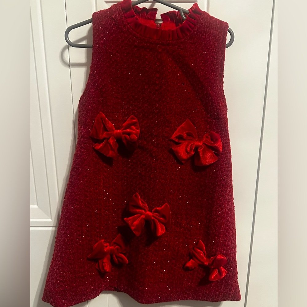 Lola and the boys Red sparkle tweed bow dress EUC size 5/6